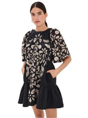 SEA Thea Tie-dye print mini dress gathered cotton black white women large NWT